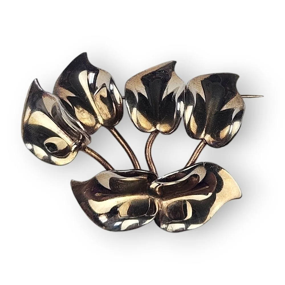 Art Deco Floral Brooch Shiny Gold Plated Leaves Leaf Dimensional Vintage 40s 2